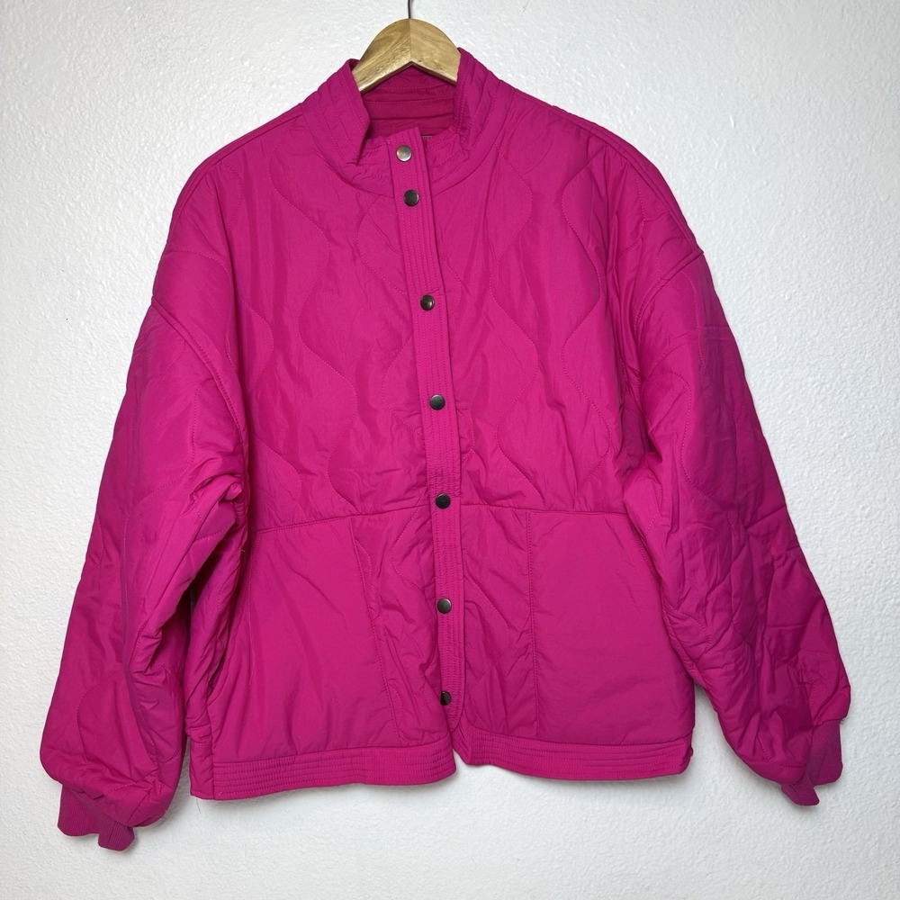 New Umgee Hot Pink Quilted Jacket Womens Medium Boxy Mock Neck Pockets Nylon